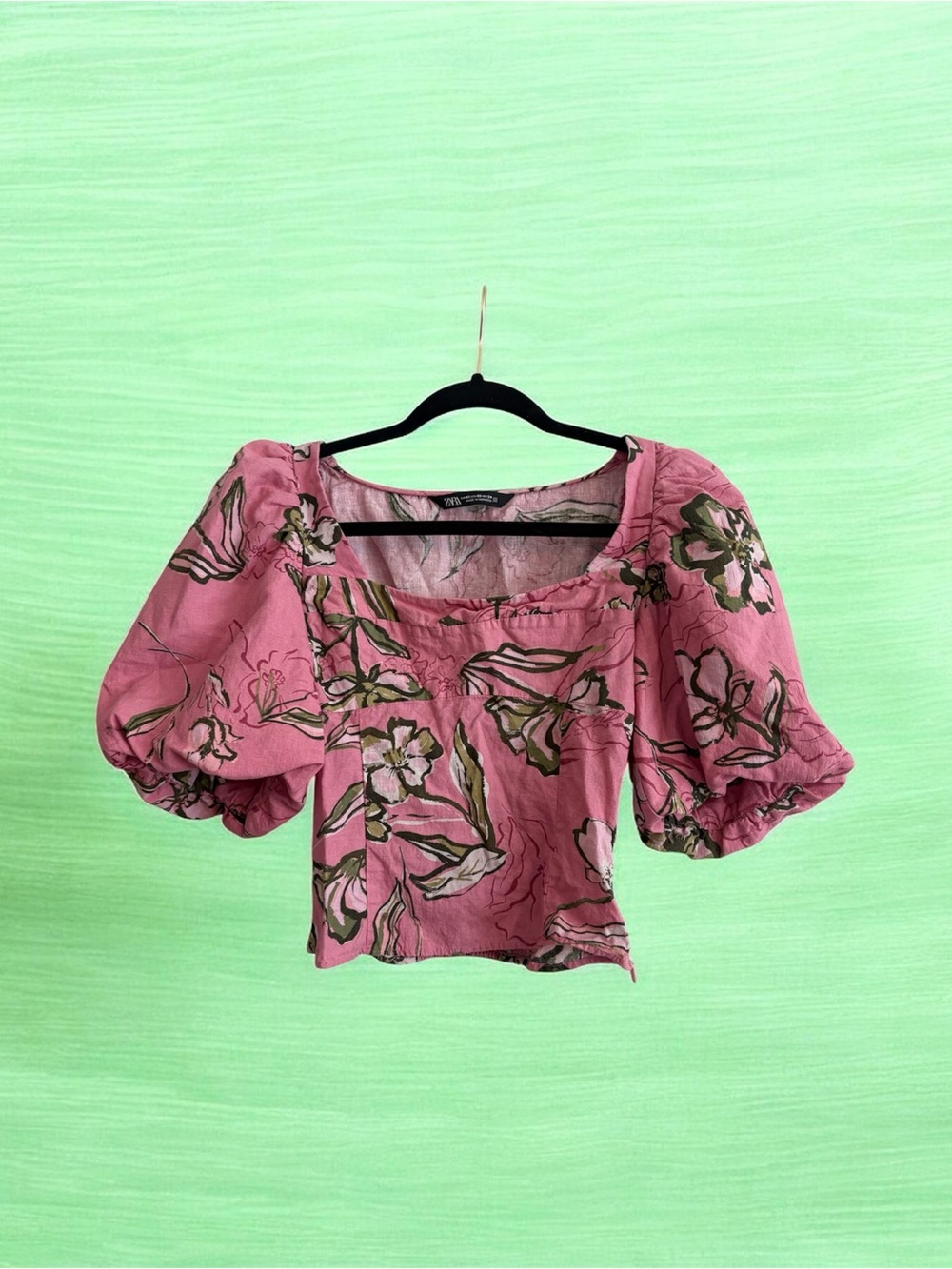 Zara Rose-Pink Floral Puff-Sleeve Square Neck Blouse